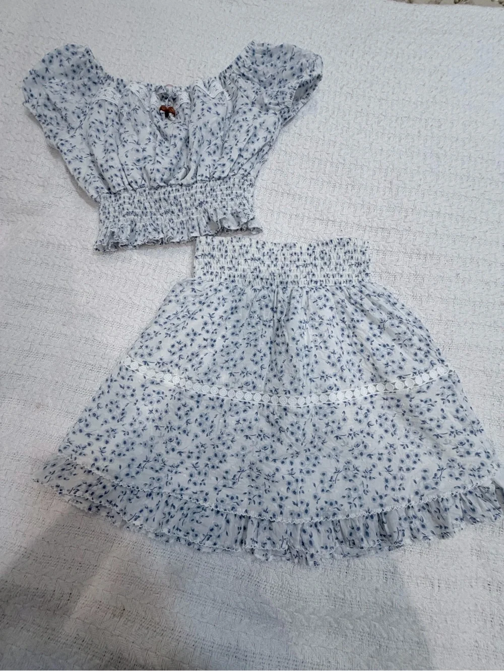 Girls Light Blue Floral Smocked Top & Skirt Set